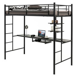 Musta metallinen parvisänky työpöydällä ja hyllyillä 200 x 90 cm