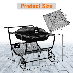 Pyörillä varustettu ulkotulisija halkotelineellä musta