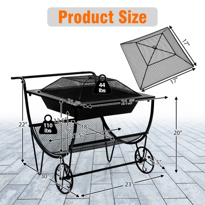 Pyörillä varustettu ulkotulisija halkotelineellä musta