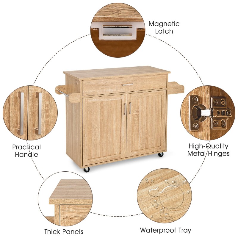 Keittiövaunu luonnonvärinen säilytyksellä ja lukittavilla pyörillä