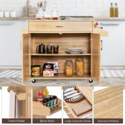 Keittiövaunu luonnonvärinen säilytyksellä ja lukittavilla pyörillä