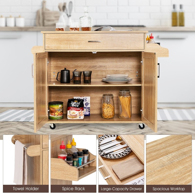 Keittiövaunu luonnonvärinen säilytyksellä ja lukittavilla pyörillä