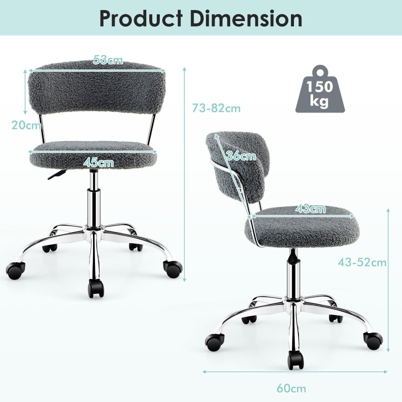 Kääntyvä harmaa sherpa-työtuoli korkeussäädöllä ja pehmusteella