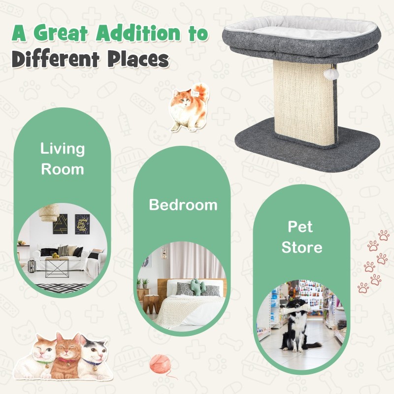 Moderni harmaa kissan raapimispuu pehmeällä istuimella
