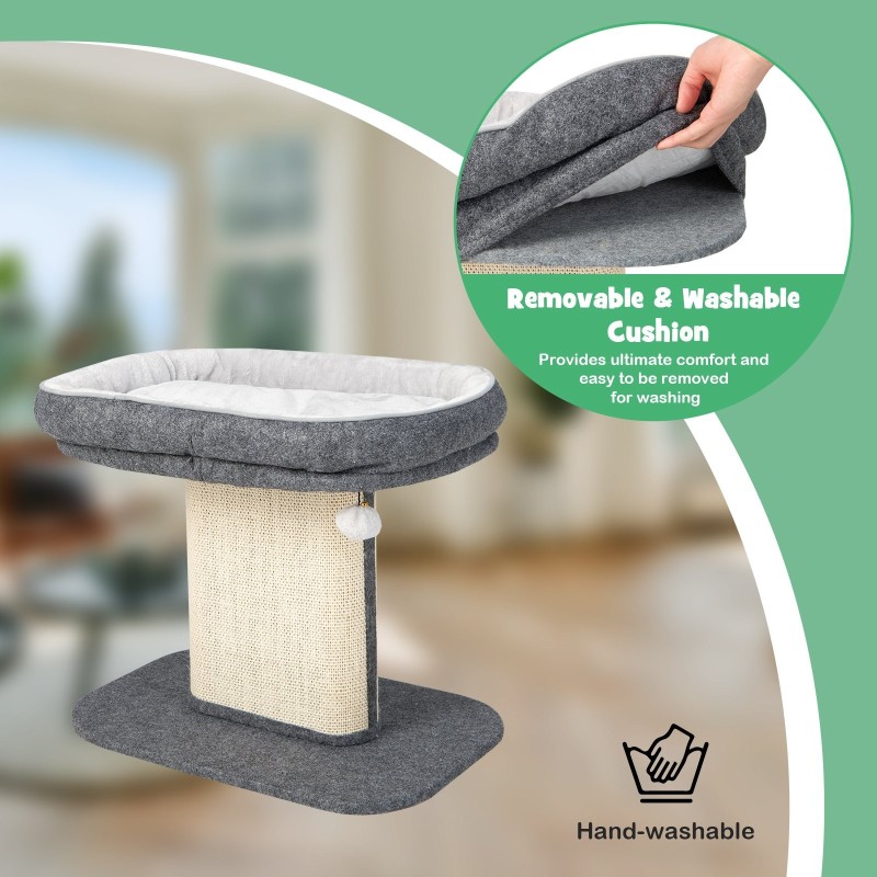 Moderni harmaa kissan raapimispuu pehmeällä istuimella