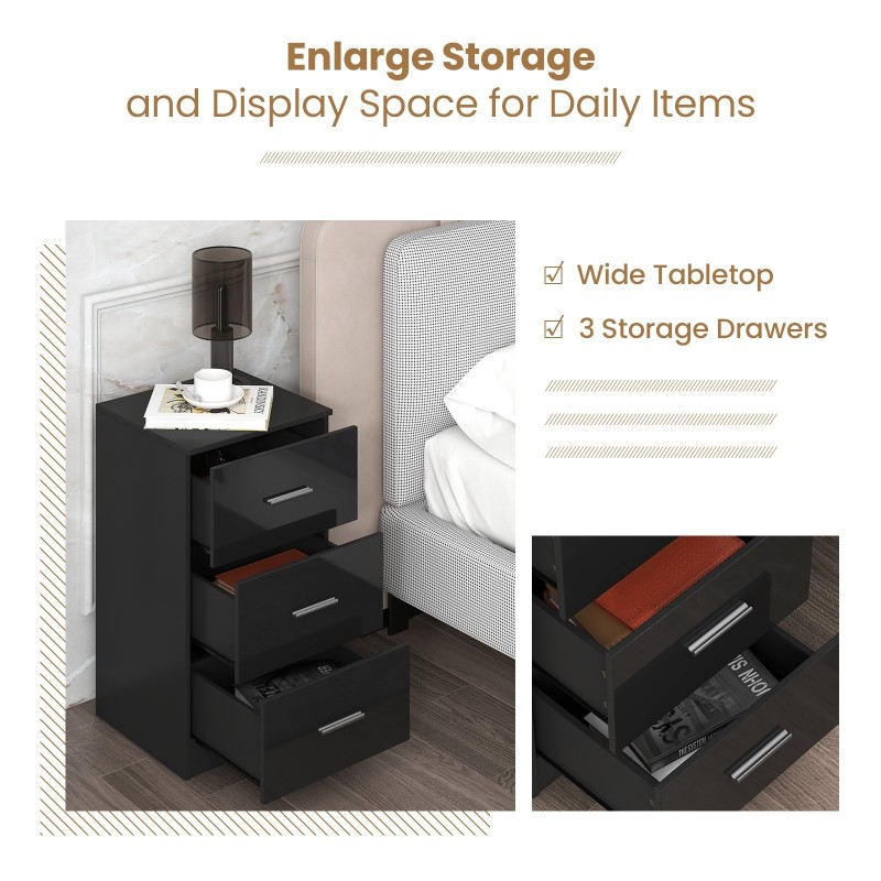 Musta kolmilaatikkoinen puinen lipasto kaatumisenestolaitteella