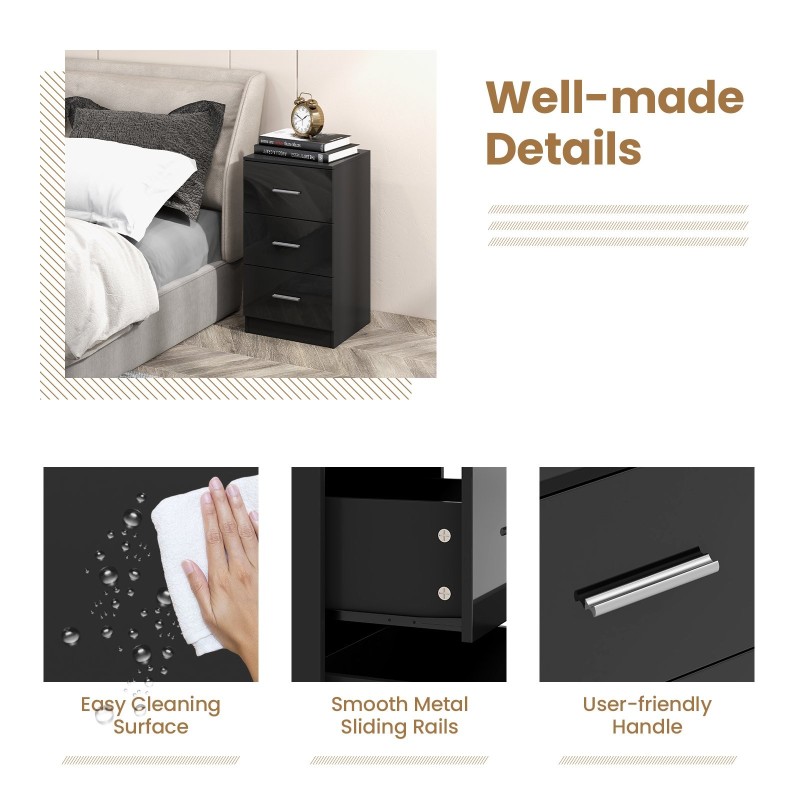 Musta kolmilaatikkoinen puinen lipasto kaatumisenestolaitteella