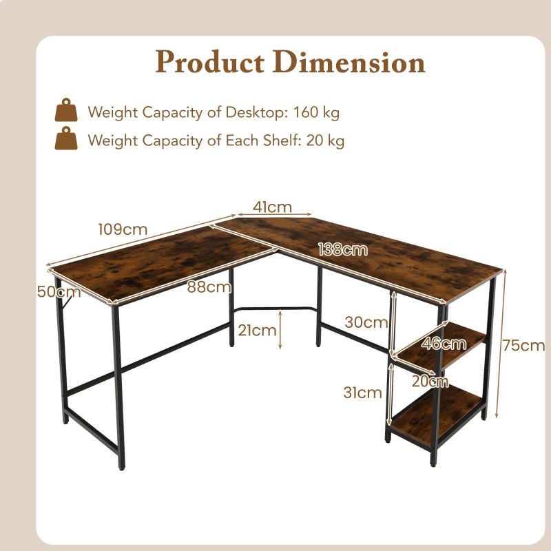 L-muotoinen ruskea tietokonepöytä kaksitasoisilla hyllyillä