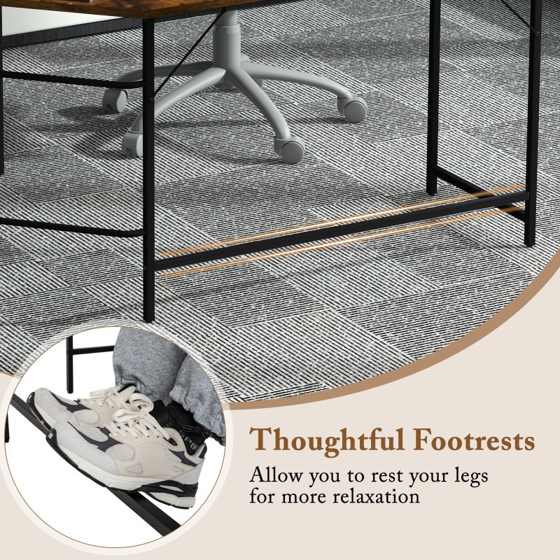 L-muotoinen ruskea tietokonepöytä kaksitasoisilla hyllyillä