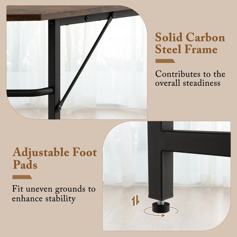 L-muotoinen ruskea tietokonepöytä kaksitasoisilla hyllyillä