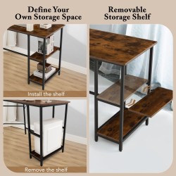 L-muotoinen ruskea tietokonepöytä kaksitasoisilla hyllyillä