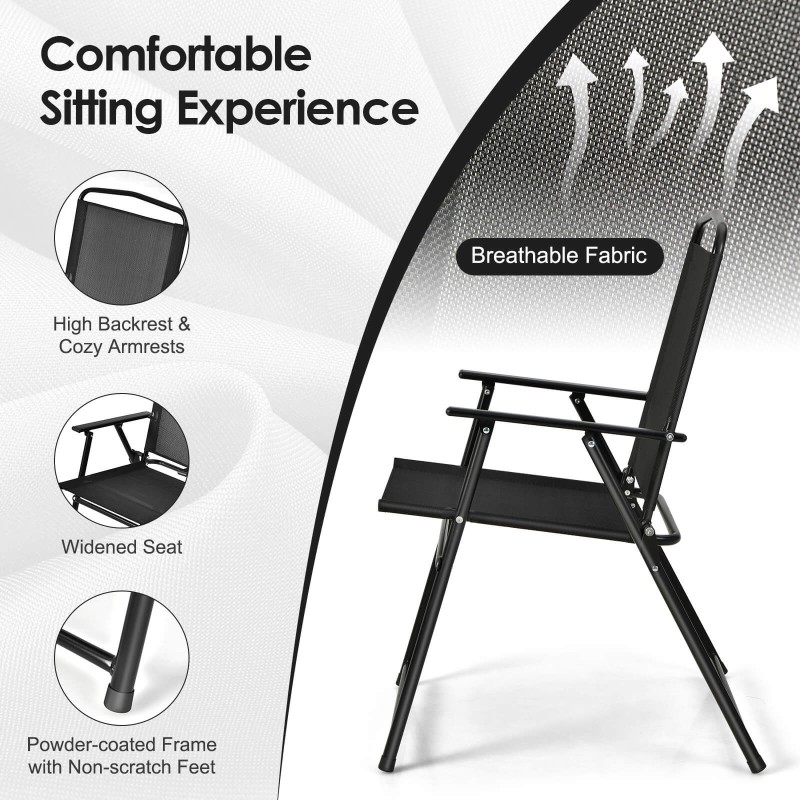 6-osainen musta patio ruokailusetti taittotuoleilla ja varjolla