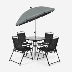 6-osainen musta patio ruokailusetti taittotuoleilla ja varjolla