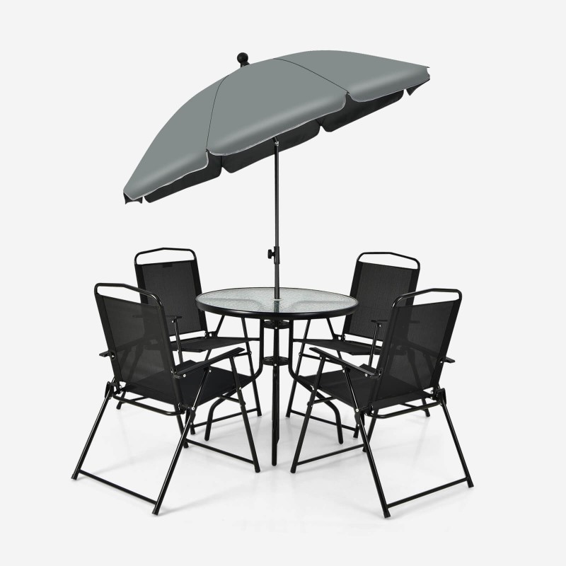 6-osainen musta patio ruokailusetti taittotuoleilla ja varjolla