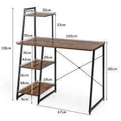 Monipuolinen ruskea tietokonepöytä neljällä hyllyllä ja metallirungolla