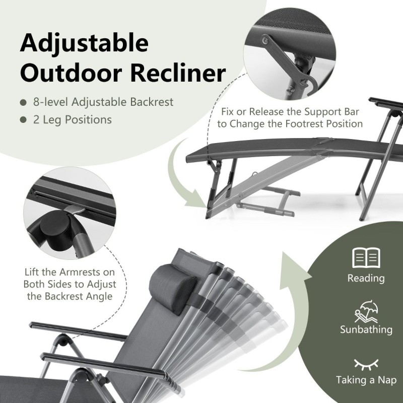 Säädettävä musta ulkolepotuoli taitettava alumiinirunko Säädettävä musta ulkolepotuoli taitettava alumiinirunko