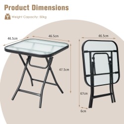 Taitettava musta lasipöytä ulko- ja sisäkäyttöön