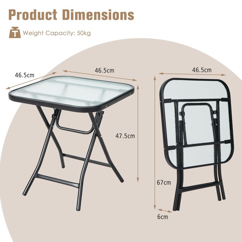 Taitettava musta lasipöytä ulko- ja sisäkäyttöön