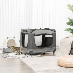 Taitettava harmaa kissakärry pyörillä ja pestävällä matolla