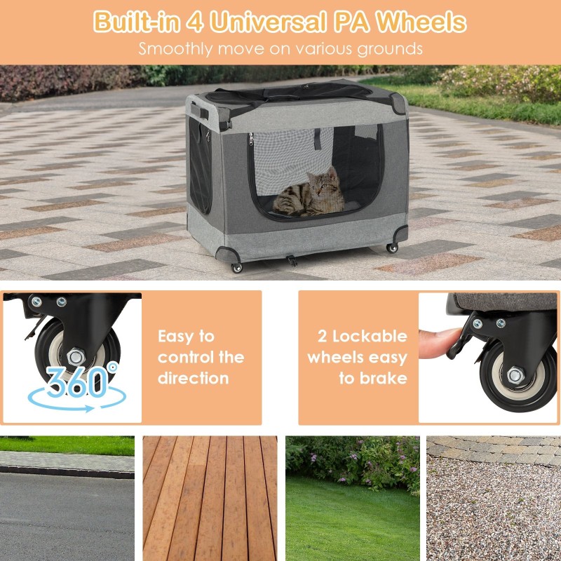 Taitettava harmaa kissakärry pyörillä ja pestävällä matolla