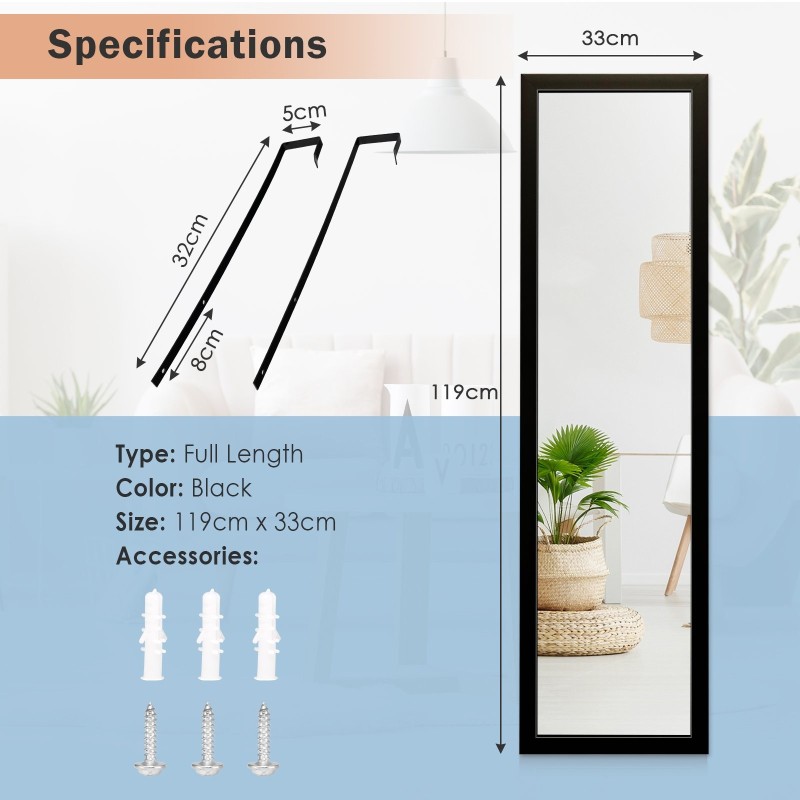 Täyspitkä musta oven päälle ripustettava peili koukuilla