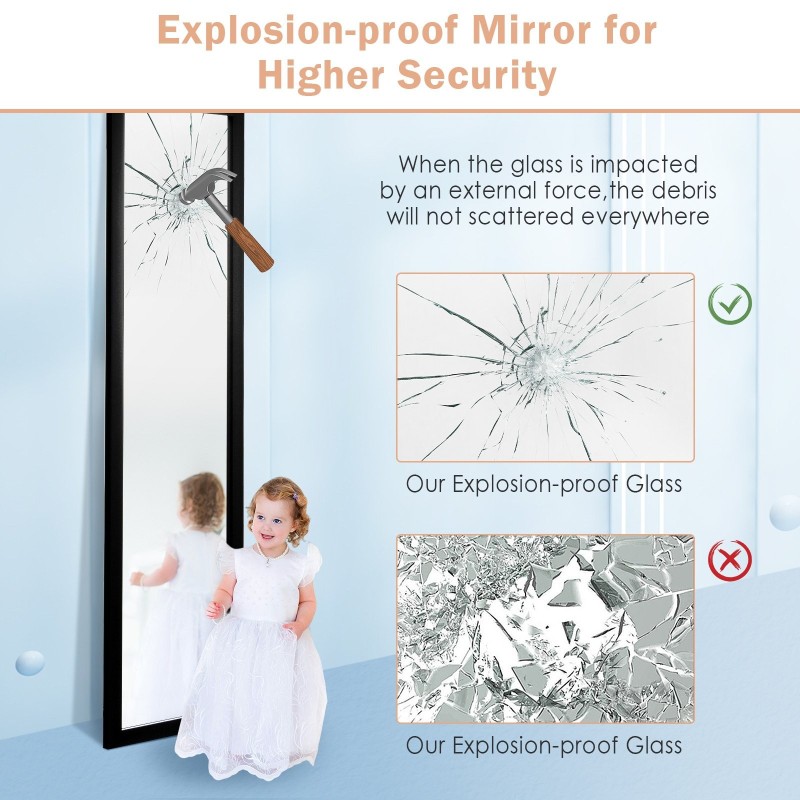 Täyspitkä musta oven päälle ripustettava peili koukuilla