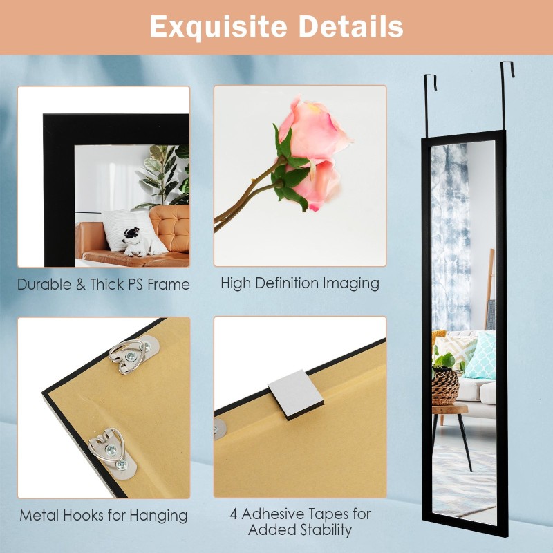 Täyspitkä musta oven päälle ripustettava peili koukuilla