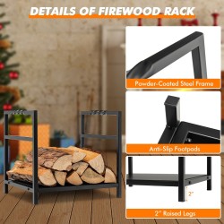 Musta teräksinen halkoteline kiinteällä pohjalla ja kahvoilla