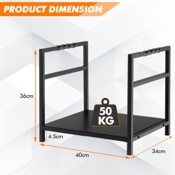 Musta teräksinen halkoteline kiinteällä pohjalla ja kahvoilla