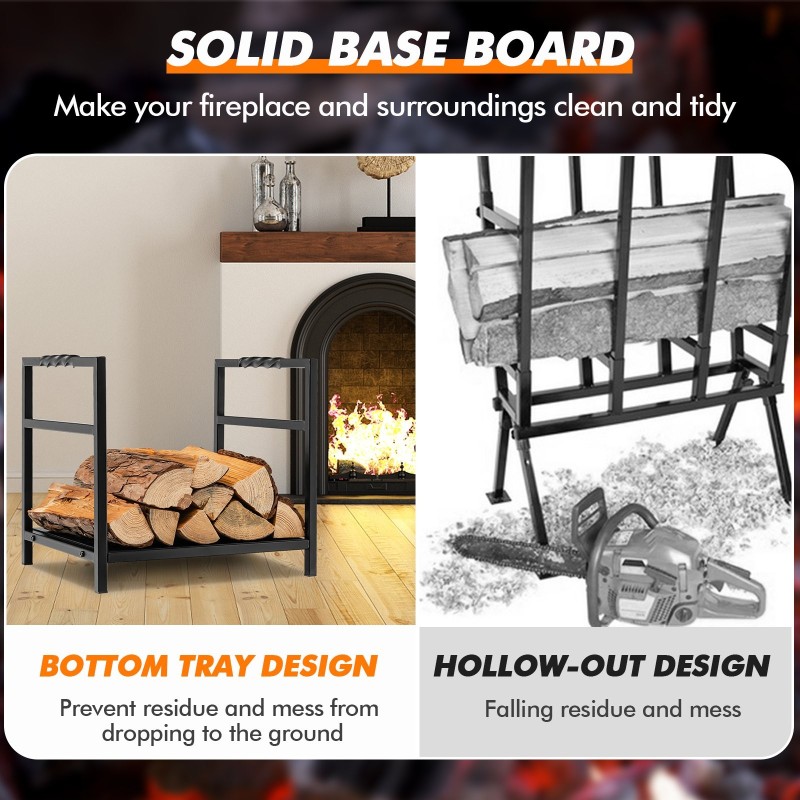 Musta teräksinen halkoteline kiinteällä pohjalla ja kahvoilla