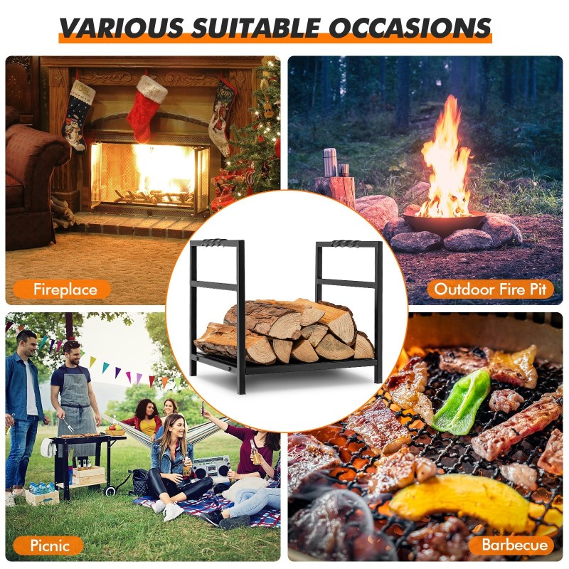 Musta teräksinen halkoteline kiinteällä pohjalla ja kahvoilla