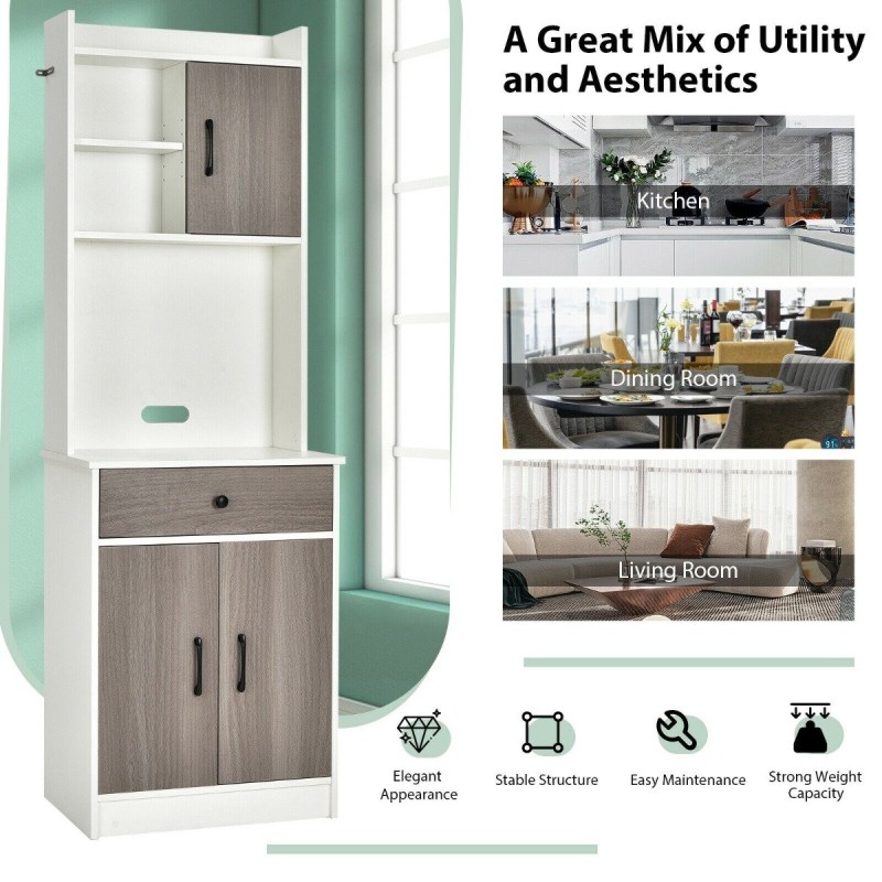 Valkoinen keittiökaappi säädettävillä hyllyillä ja kaapelireiällä