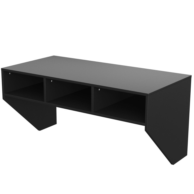 Seinään kiinnitettävä musta tietokonepöytä kolmella säilytyslokerolla