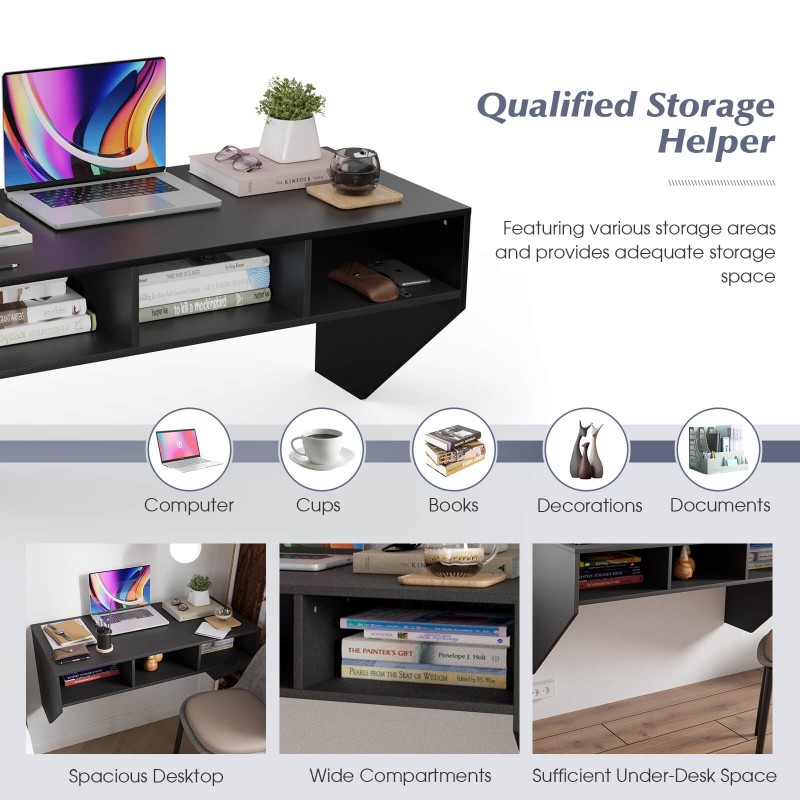 Seinään kiinnitettävä musta tietokonepöytä kolmella säilytyslokerolla