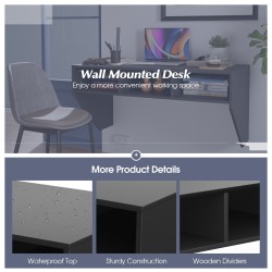 Seinään kiinnitettävä musta tietokonepöytä kolmella säilytyslokerolla