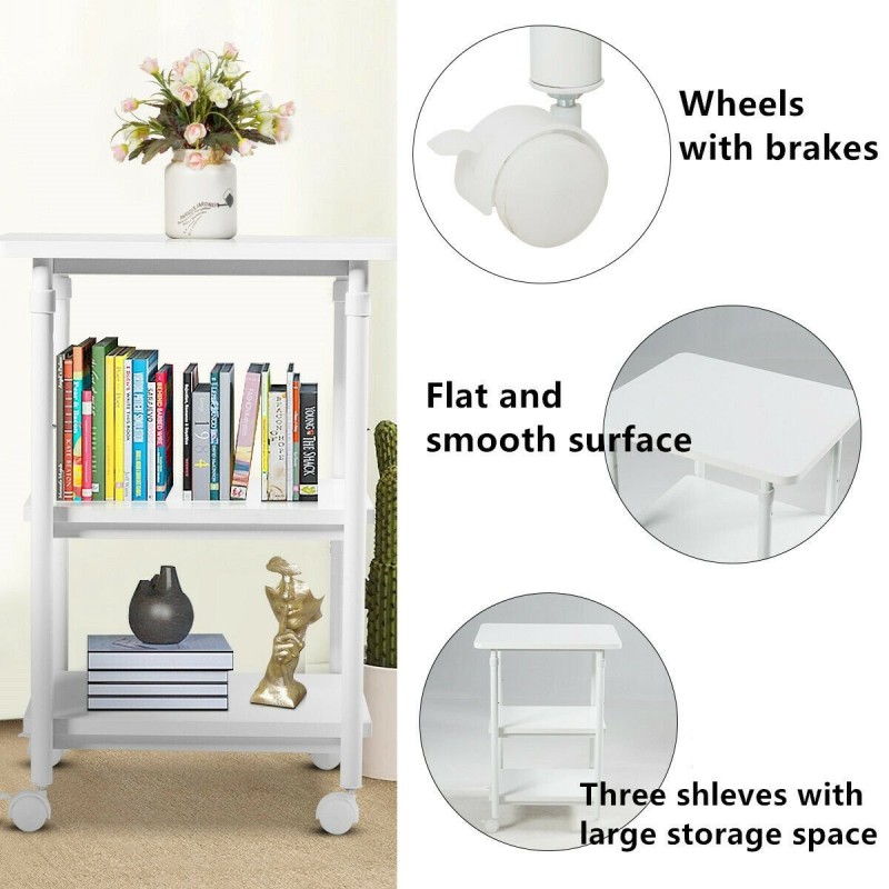 Kolmitasoinen säädettävä tulostinteline pyörillä, valkoinen