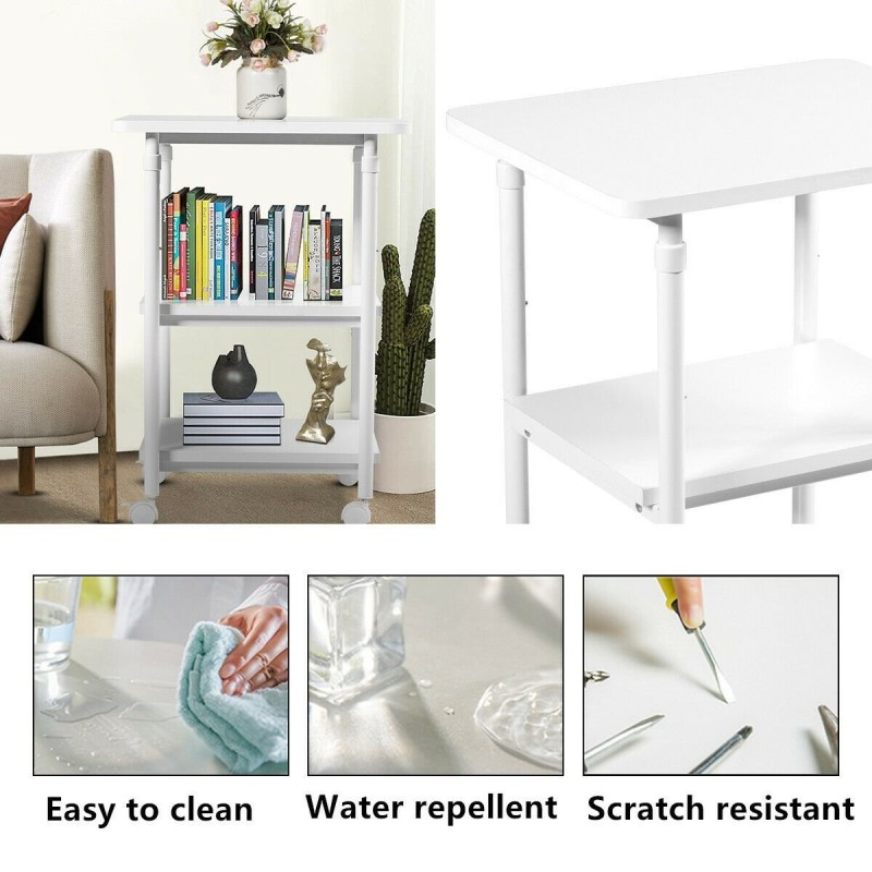 Kolmitasoinen säädettävä tulostinteline pyörillä, valkoinen