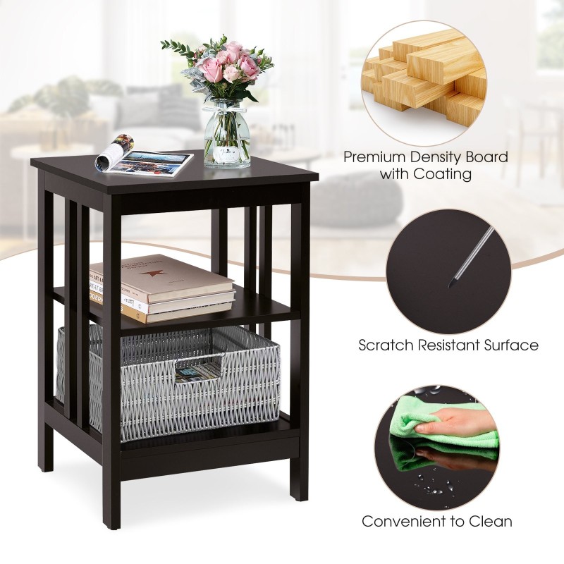 Kolmitasoinen yöpöytä vahvistetuilla tangoilla, helppo koota, kahvi