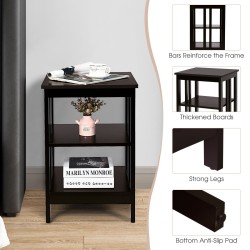 Kolmitasoinen yöpöytä vahvistetuilla tangoilla, helppo koota, kahvi