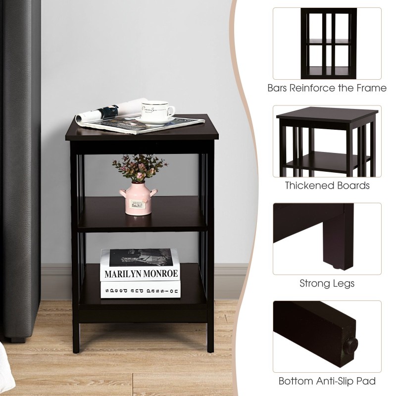 Kolmitasoinen yöpöytä vahvistetuilla tangoilla, helppo koota, kahvi