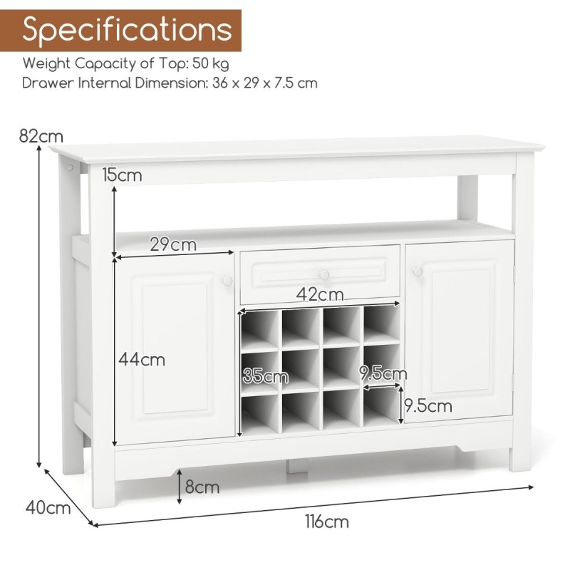 Valkoinen monikäyttöinen viinikaappi irrotettavalla viinitelineellä