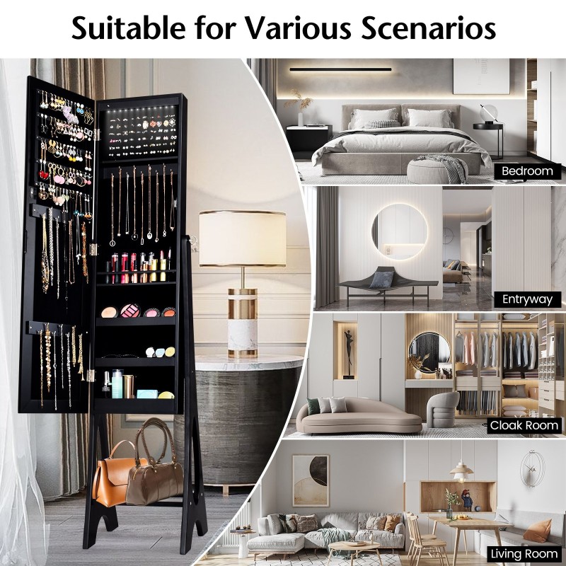 Vapaasti seisova musta korukaappi täyspitkällä peilillä