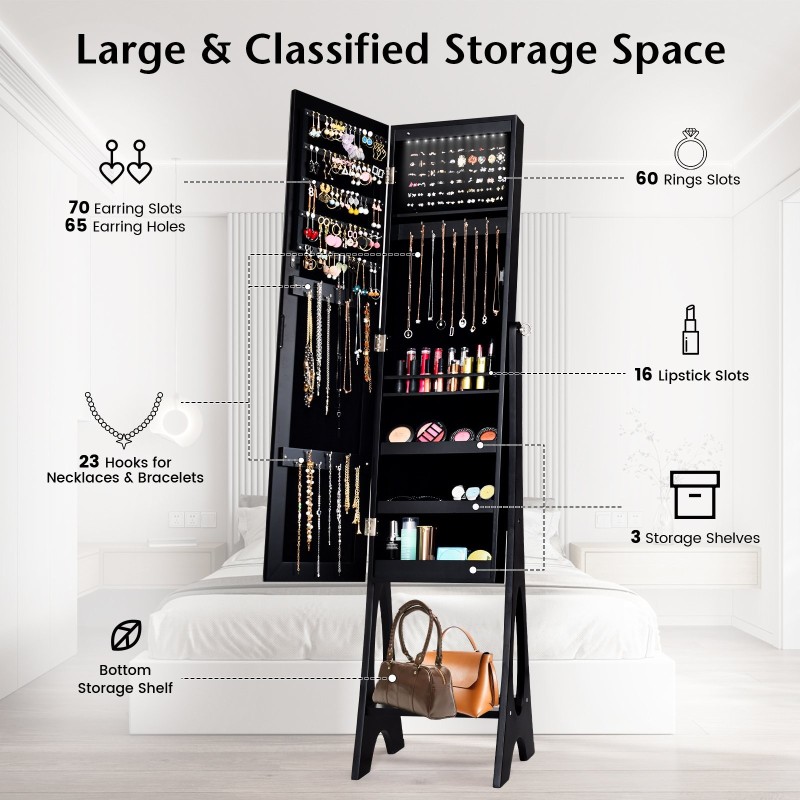 Vapaasti seisova musta korukaappi täyspitkällä peilillä