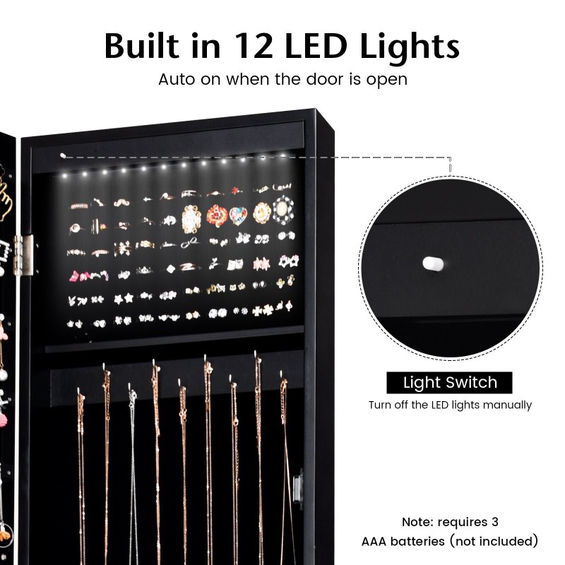 Vapaasti seisova musta korukaappi täyspitkällä peilillä