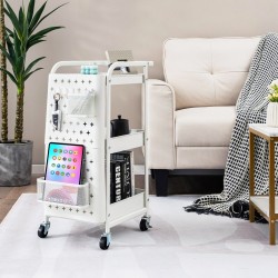 Kolmitasoinen valkoinen säilytyskärry pyörillä ja rei'itetyillä levyillä