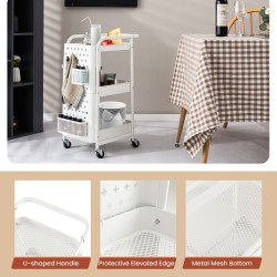 Kolmitasoinen valkoinen säilytyskärry pyörillä ja rei'itetyillä levyillä