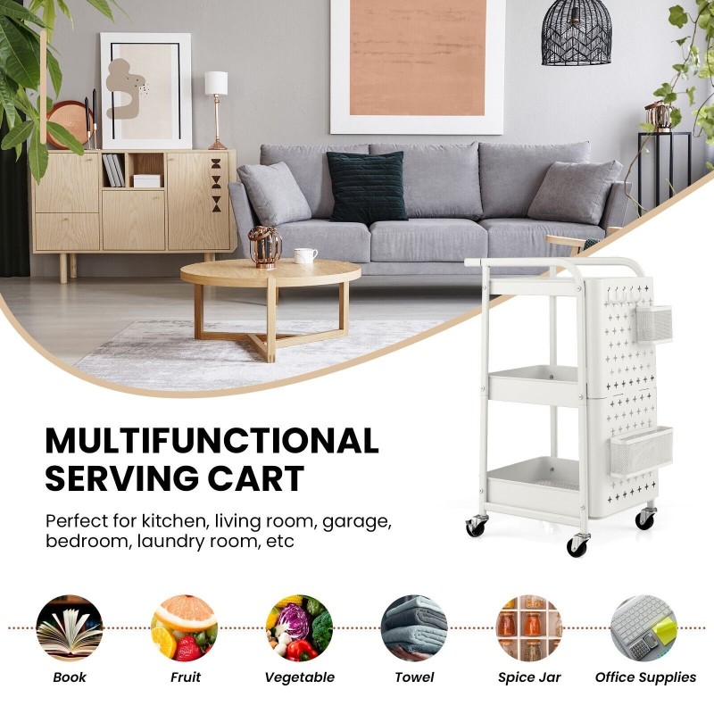 Kolmitasoinen valkoinen säilytyskärry pyörillä ja rei'itetyillä levyillä