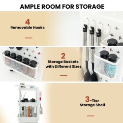 Kolmitasoinen valkoinen säilytyskärry pyörillä ja rei'itetyillä levyillä