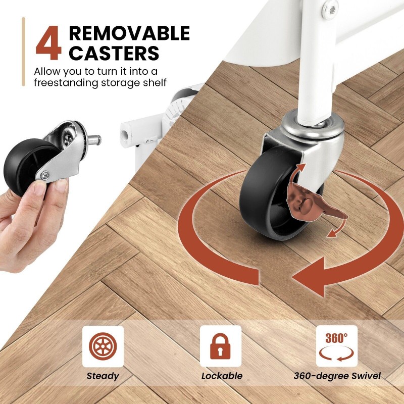 Kolmitasoinen valkoinen säilytyskärry pyörillä ja rei'itetyillä levyillä