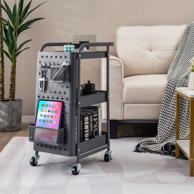 Kolmitasoinen harmaa rullakärry irrotettavilla pegboardeilla